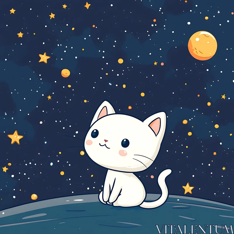 Charming Illustration of a White Cat and Starry Sky AI Image