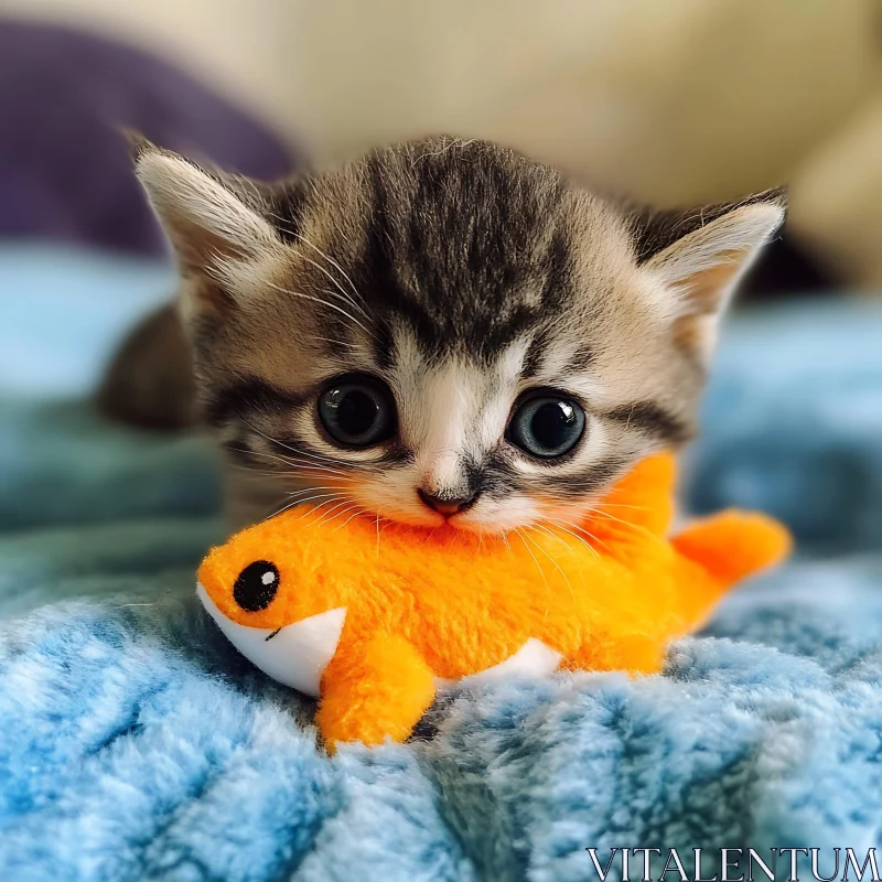 Cute Kitten with Blue Eyes and Toy AI Image