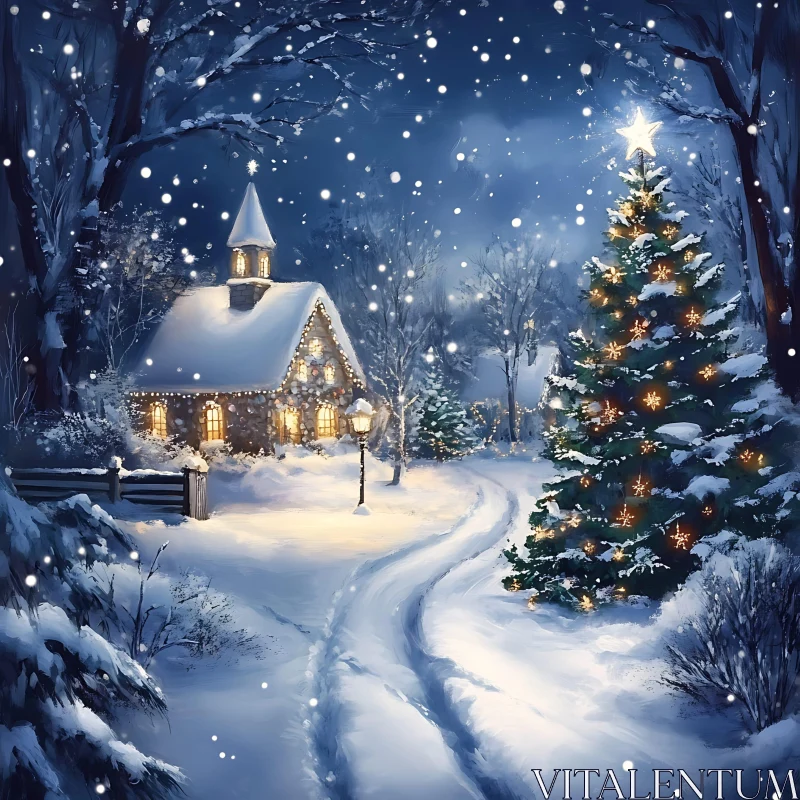 Peaceful Winter Night with Christmas Lights AI Image