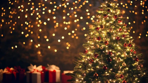 Festive Christmas Tree with Lights and Gifts