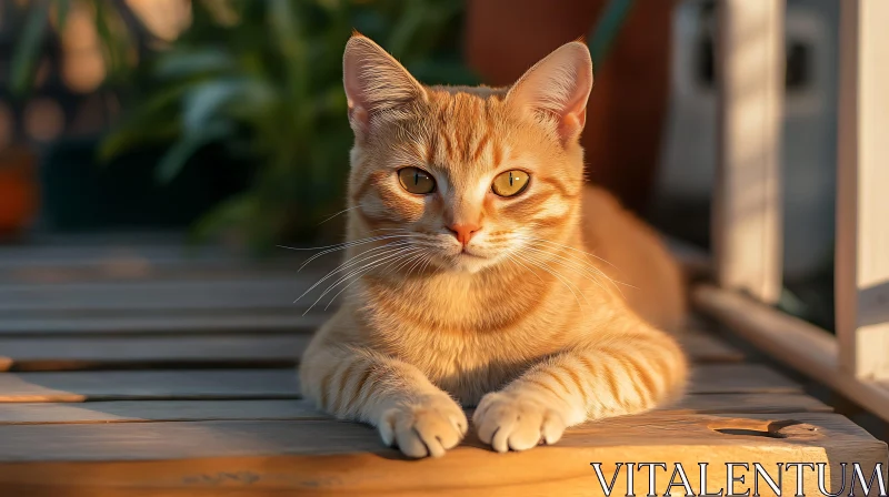 Sunlit Orange Tabby Cat on Wooden Floor AI Image