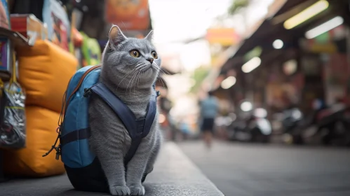 Grey Cat with Backpack in Vibrant Street Scene