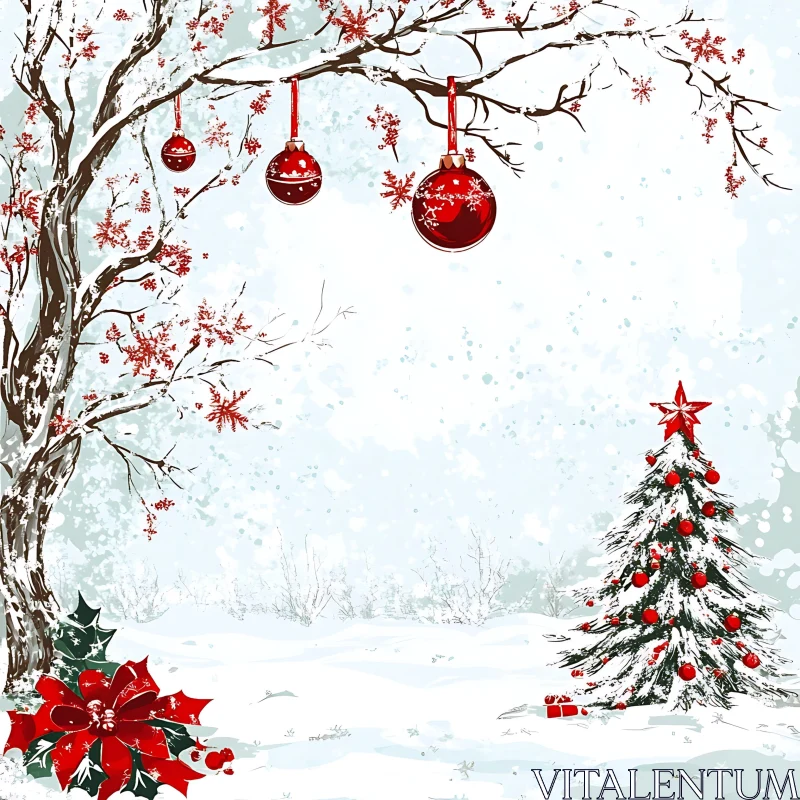 Christmas Decorations in Snowy Landscape AI Image