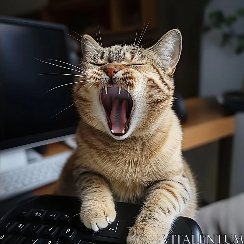 Cute Yawning Cat in Office Setting AI Image