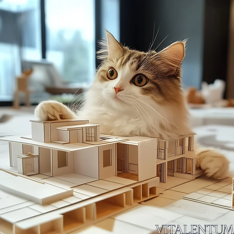 Cat and Architectural Model Interaction AI Image