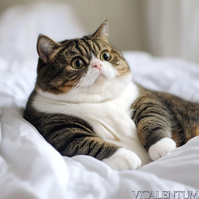 Adorable Tabby Cat Resting on a Bed AI Image