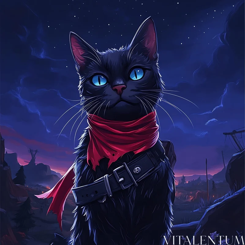 Adventurous Black Cat in Starry Night AI Image