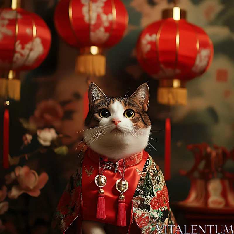 Feline in Traditional Garb with Red Lanterns AI Image