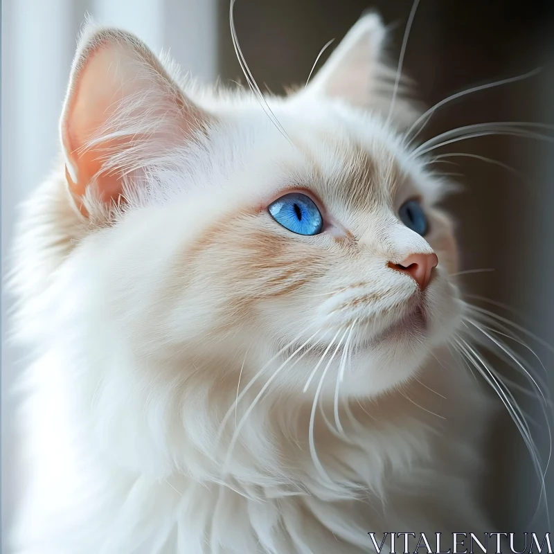 Fluffy White Cat Portrait with Blue Eyes AI Image