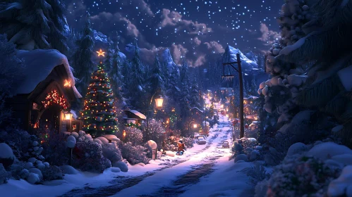 Winter Wonderland: A Snow-Covered Village with Festive Lights