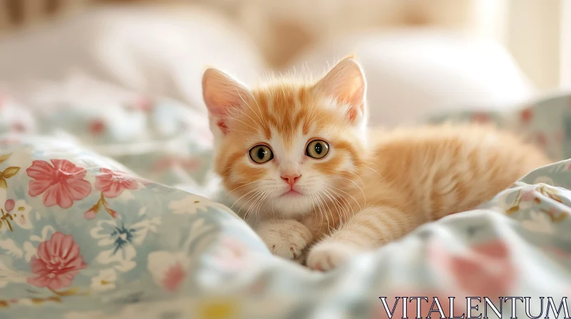 Cute Orange and White Kitten on a Flowered Blanket AI Image