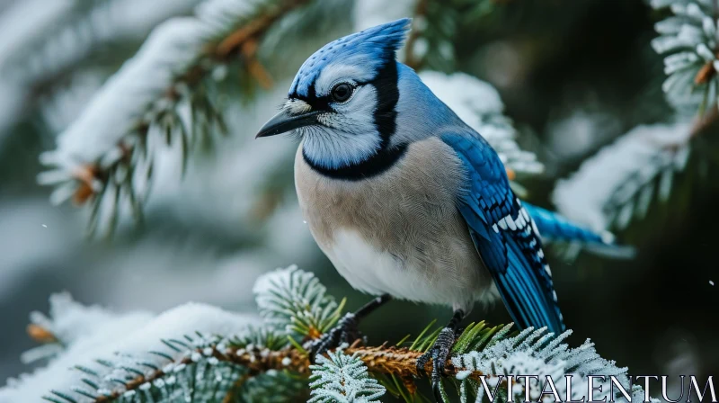 Blue Jay Perched on Snow-Covered Branch - Nature Wildlife Photography AI Image