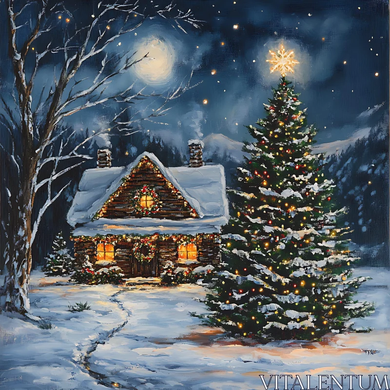 Christmas Cabin with Snow and Lighting Decor AI Image