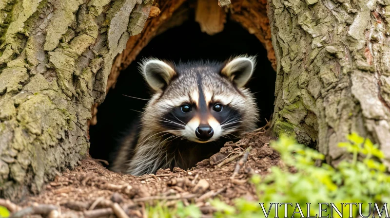 Curious Raccoon Peeking from Tree Hole - Wildlife Photography AI Image