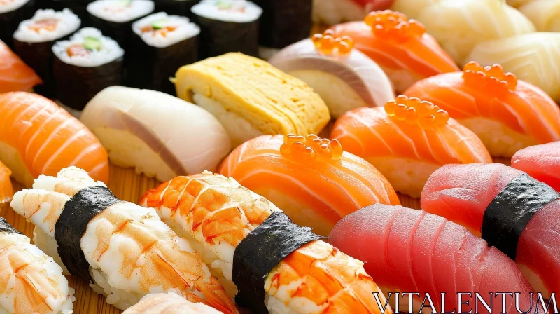 Delicious and Fresh Sushi and Sashimi on a Wooden Plate AI Image