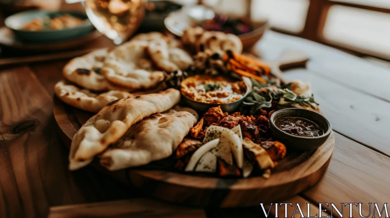 Delicious Food Platter on a Wooden Table | Naan Bread, Hummus, Vegetables AI Image