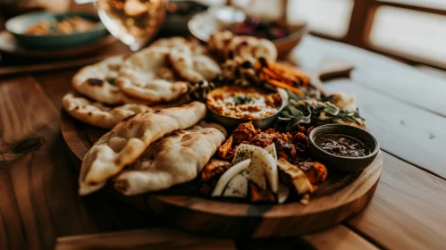 Delicious Food Platter on a Wooden Table | Naan Bread, Hummus, Vegetables