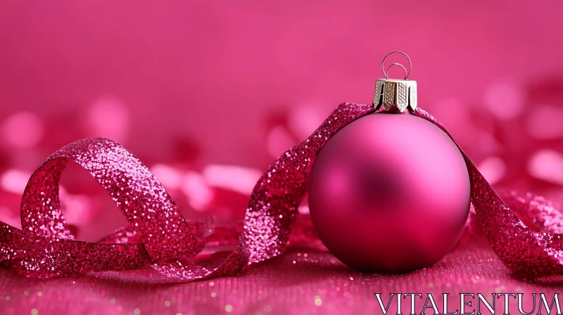 AI ART Pink Christmas Bauble and Glittery Ribbon in Festive Setting