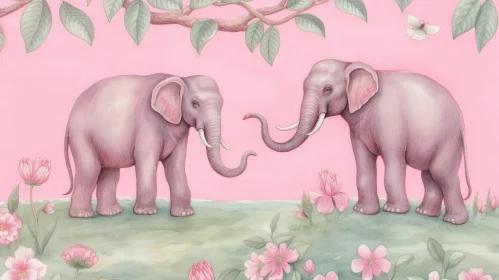 Elephants Watercolor Painting in Pink Field