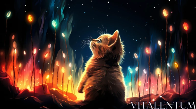 Enchanting Kitten in Glowing Flower Field AI Image