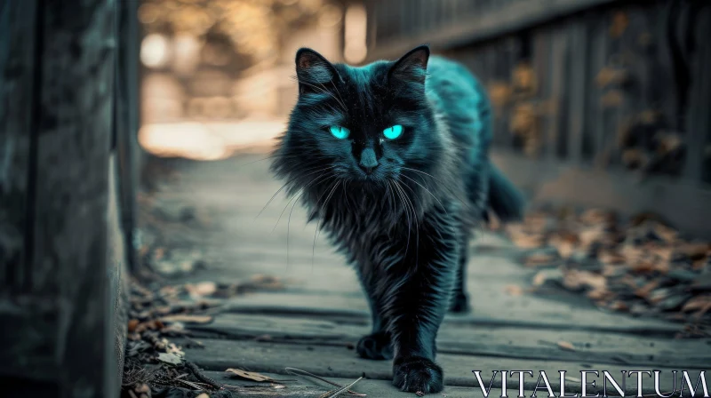 Enigmatic Black Cat Walking on Wooden Bridge AI Image