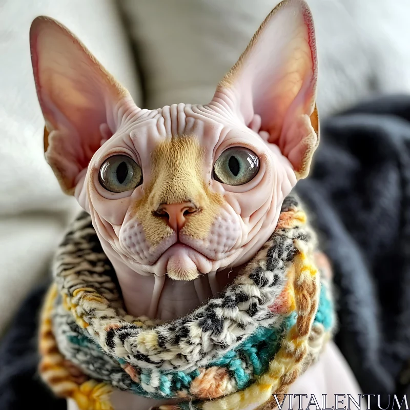 Close-up Portrait of Sphynx Cat with Scarf AI Image