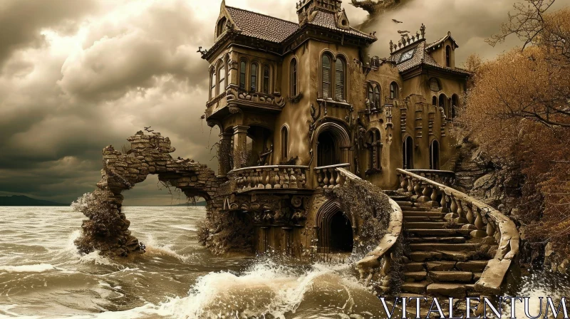 Gothic Ruined Mansion on Rocky Cliff | Digital Painting AI Image