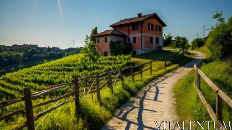 Idyllic Vineyard Landscape in Italy | Serene Pathway and Charming House AI Image