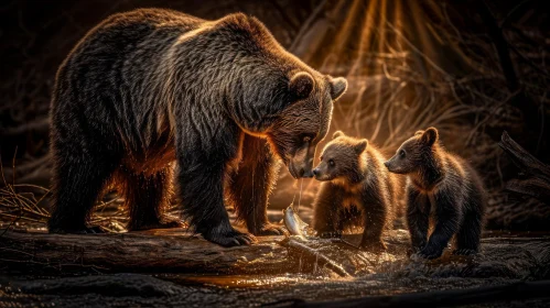 Mother Brown Bear and Cubs in Forest River | Wildlife Photography