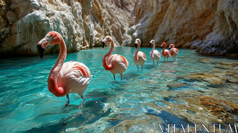 Pink Flamingos Walking in Crystal Clear Water AI Image