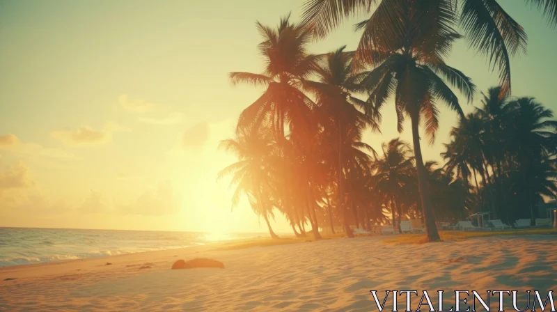Serene Sunset Beach with Palm Trees - Vintage Atmosphere AI Image