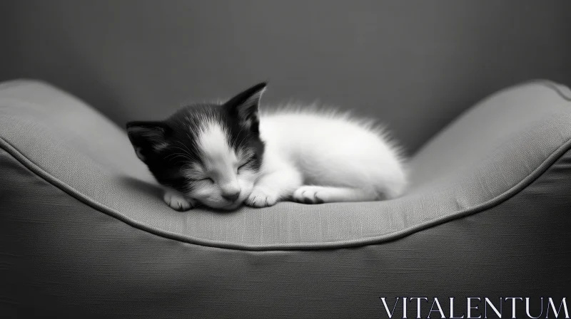 Sleeping Kitten on Soft Gray Blanket AI Image