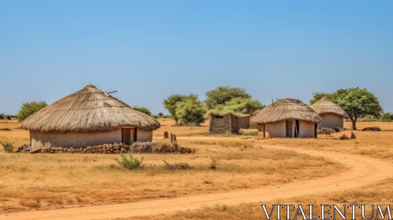 Thatched Huts on Dirt Road - African Influence - High Resolution AI Image