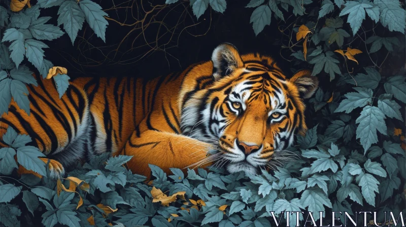 Tiger Resting in Lush Jungle - Realistic Wildlife Painting AI Image