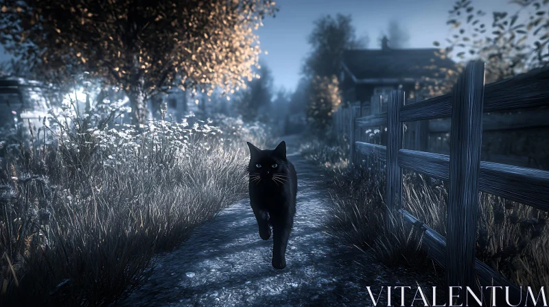 Autumn Journey of a Black Cat AI Image