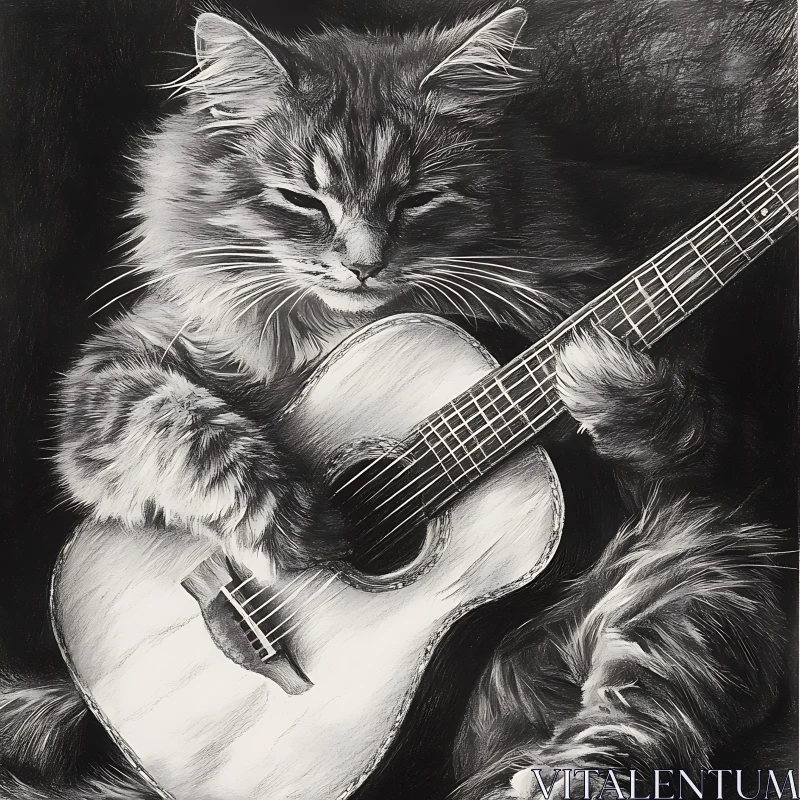 Musical Cat with Guitar Drawing AI Image