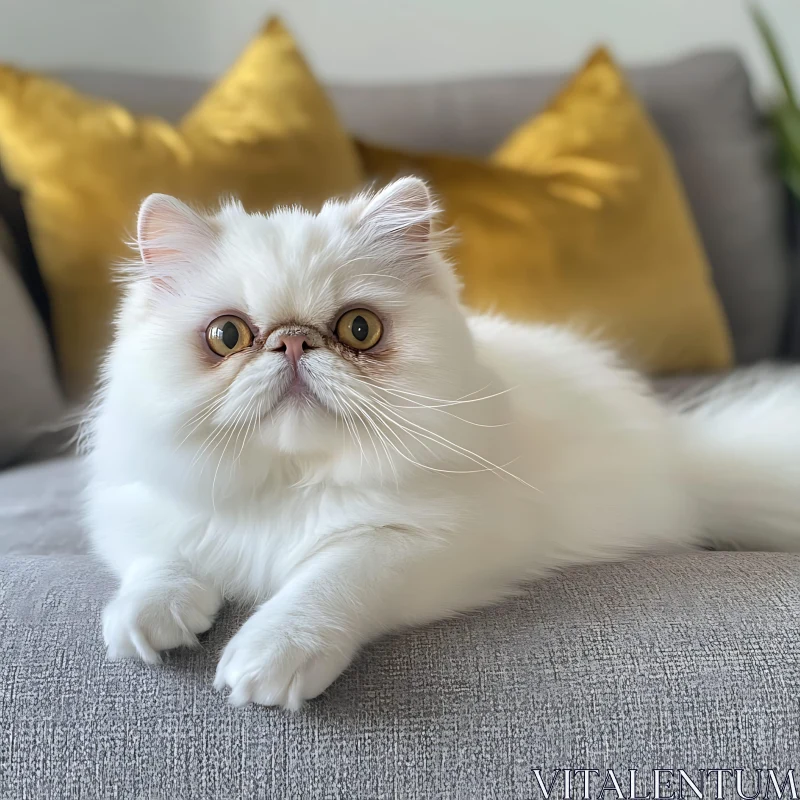 Curious White Cat on Grey Couch AI Image