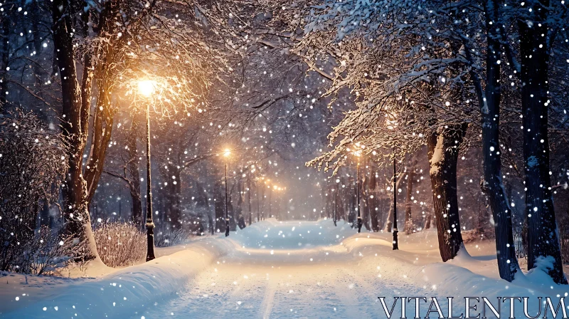 AI ART Enchanting Snow-Covered Pathway Lit by Streetlights