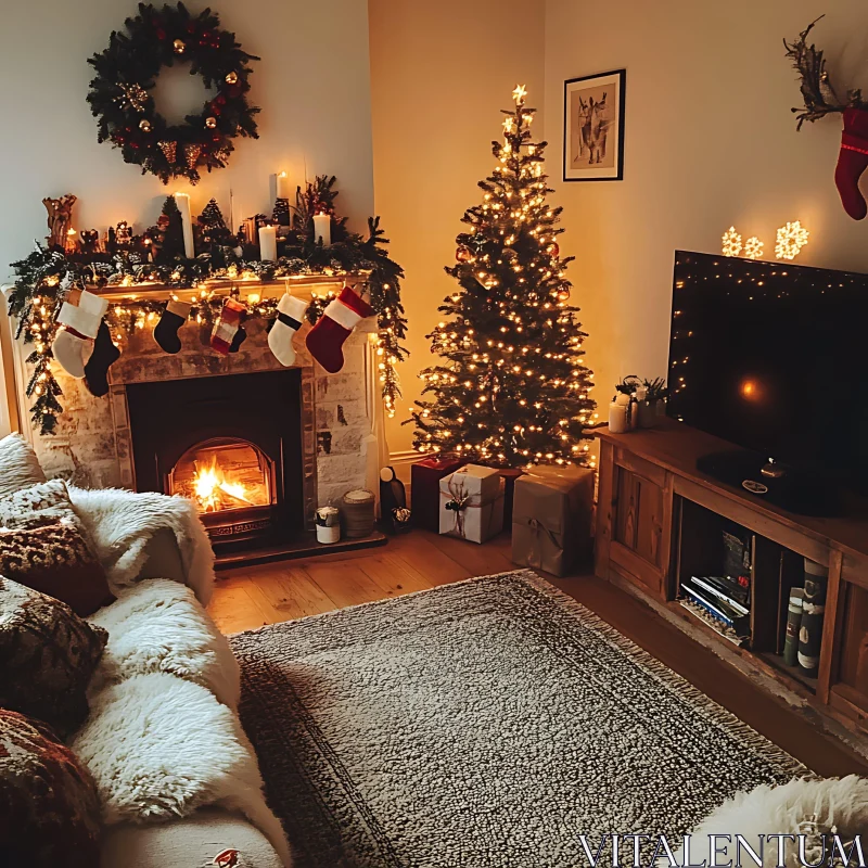 Festive Living Room with Christmas Tree and Fireplace AI Image