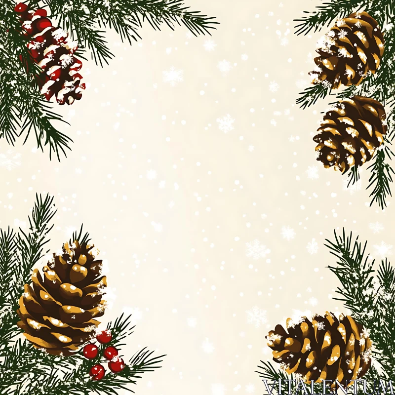 Holiday Pinecones and Greenery with Snowflakes AI Image