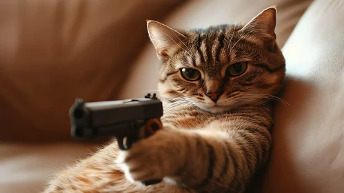 Feline with Gun on Couch