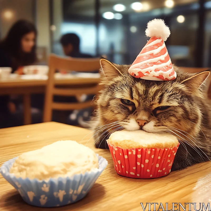 Cat Celebrating with a Cupcake AI Image