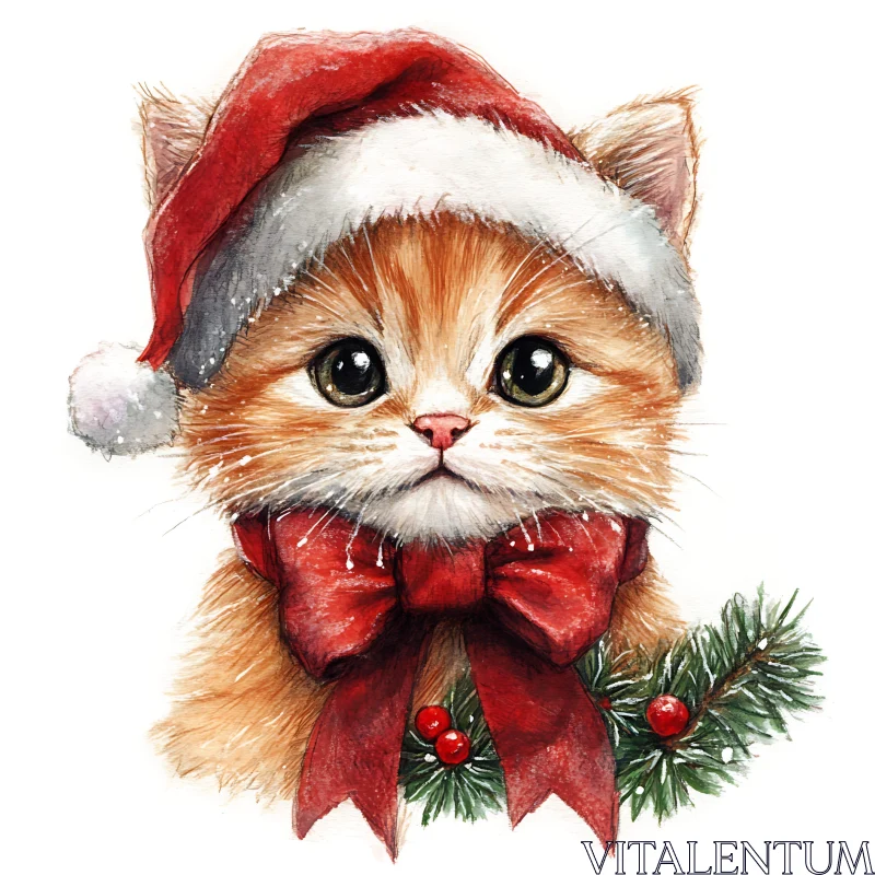 AI ART Cute Holiday Kitten with Santa Hat and Red Bow