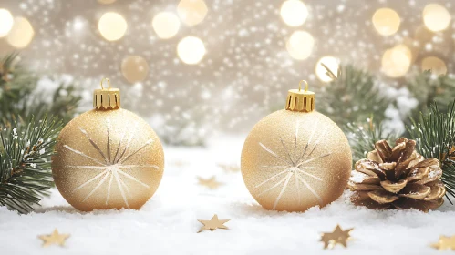 Festive Golden Christmas Baubles in Snow