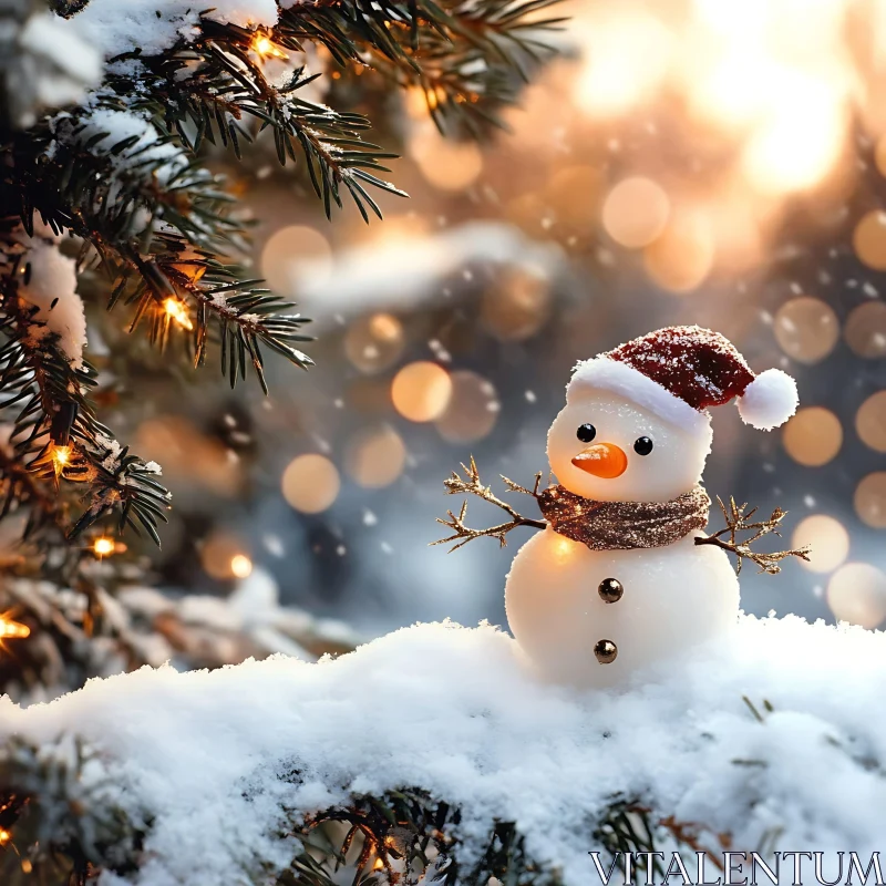 Festive Snowman on a Snowy Branch AI Image