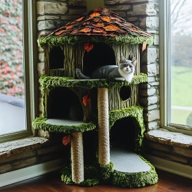 Forest-Themed Cat Tree in Sunlit Room