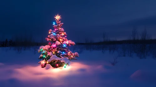 Christmas Tree with Colorful Lights in a Snowy Nightscape