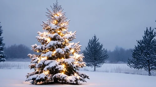 Festive Christmas Tree with Lights and Snow