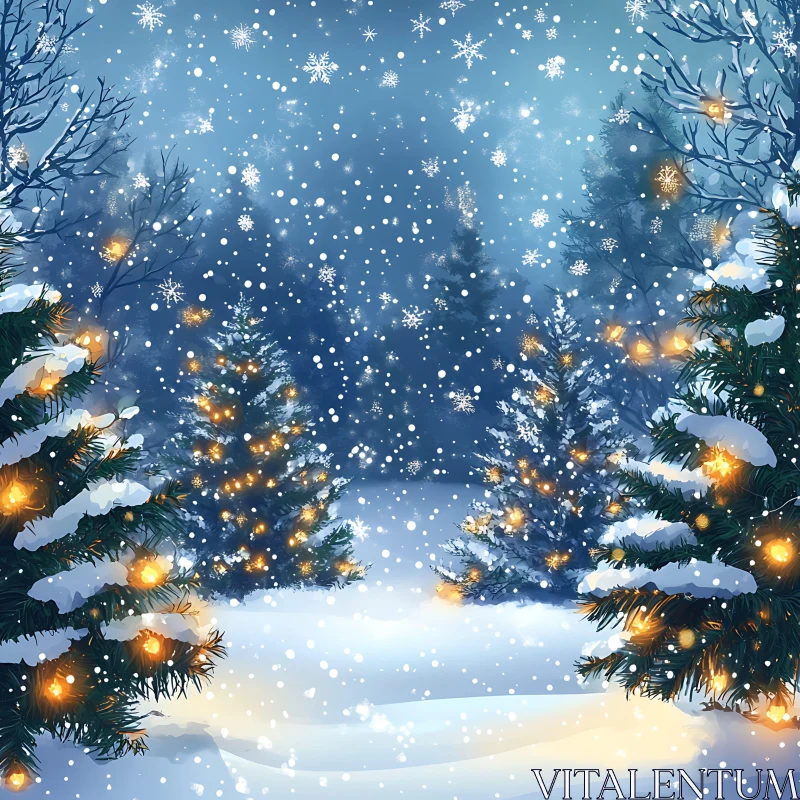 Snowy Christmas Trees Illuminated with Lights AI Image