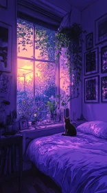 Tranquil Sunset Scene with a Cat in a Cozy Room